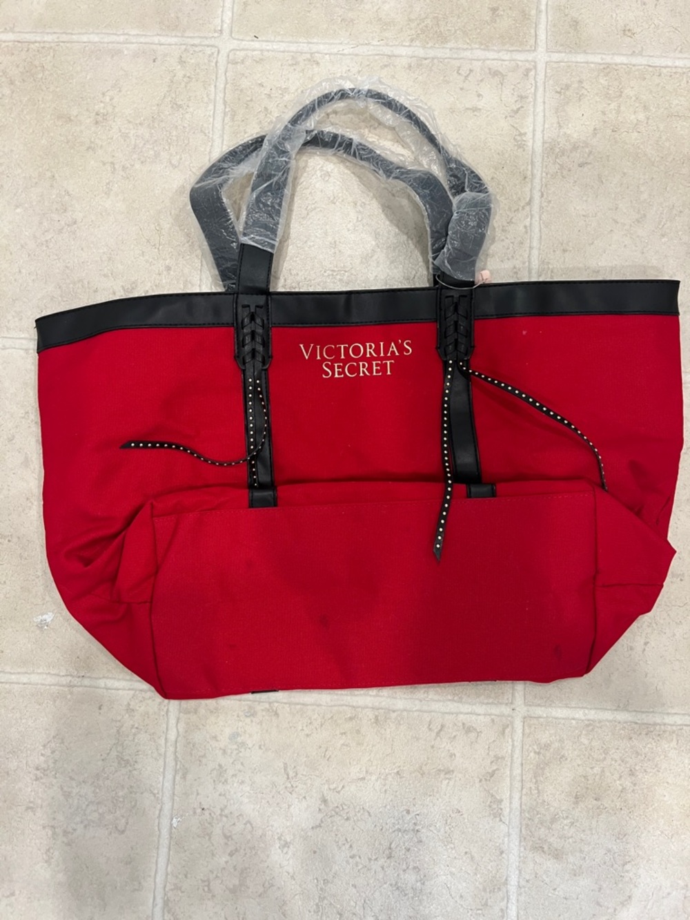 Victoria's Secret Red Tote with Black Trim and Studded Ribbon